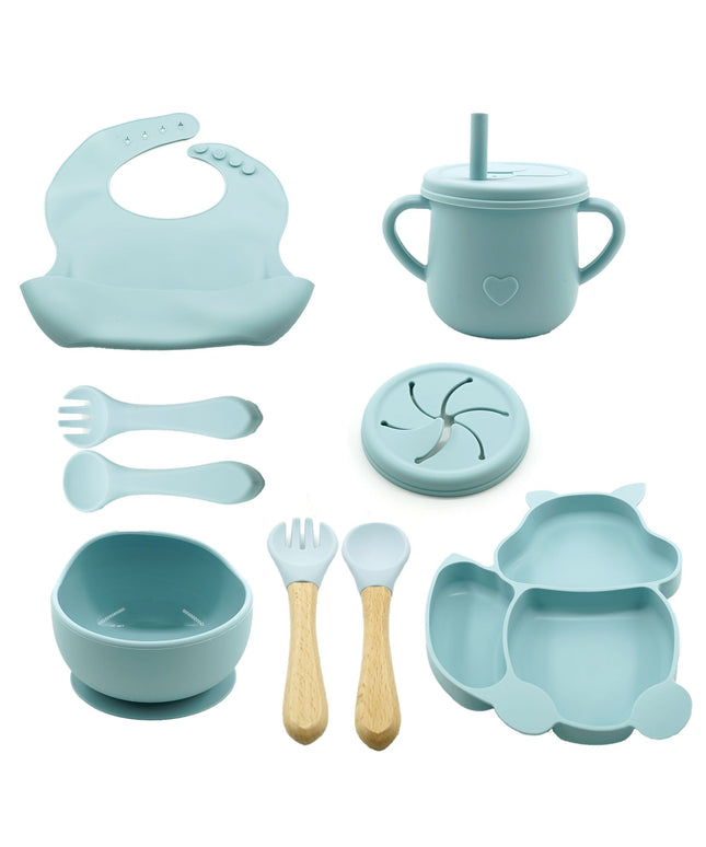 Set 10 piese diversificare bebeluși și copii din silicon – Bavetă, farfurie compartimentată, bol cu ventuză, tacâmuri, cană și capac pentru gustări