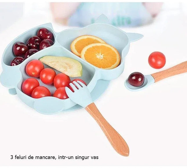 Set 10 piese diversificare bebeluși și copii din silicon – Bavetă, farfurie compartimentată, bol cu ventuză, tacâmuri, cană și capac pentru gustări - Bebeboo - Totul pentru copii. Jucării, Hăinuțe, Perne, Mobilier, Textile