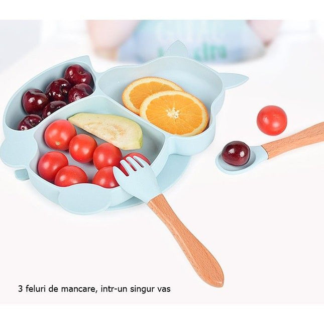 Set 10 piese diversificare bebeluși și copii din silicon – Bavetă, farfurie compartimentată, bol cu ventuză, tacâmuri, cană și capac pentru gustări