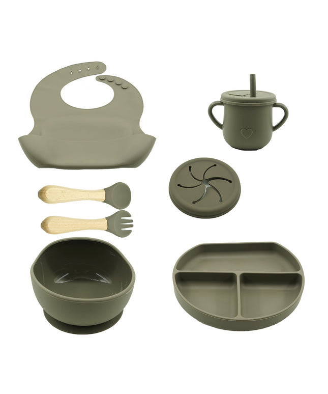 Set 8 piese diversificare bebeluși și copii din silicon – Bavetă, farfurie compartimentată, bol cu ventuză, tacâmuri și cană