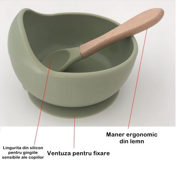 Set 8 piese diversificare bebeluși și copii din silicon – Bavetă, farfurie compartimentată, bol cu ventuză, tacâmuri și cană