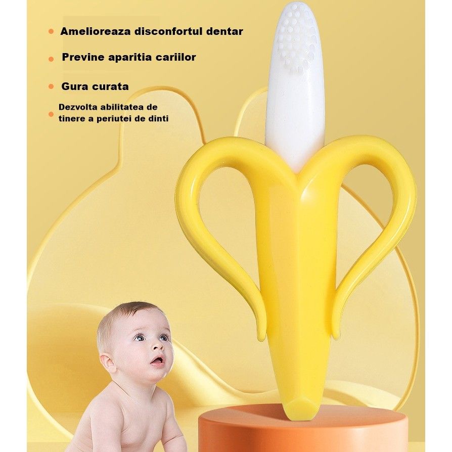 Jucărie de dentiție pentru bebeluși – Banană cu mânere, din silicon non-toxic, fără BPA