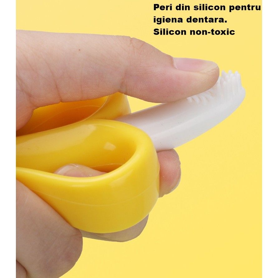 Jucărie de dentiție pentru bebeluși – Banană cu mânere, din silicon non-toxic, fără BPA
