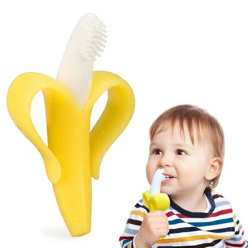 Jucărie de dentiție pentru bebeluși – Banană cu mânere, din silicon non-toxic, fără BPA
