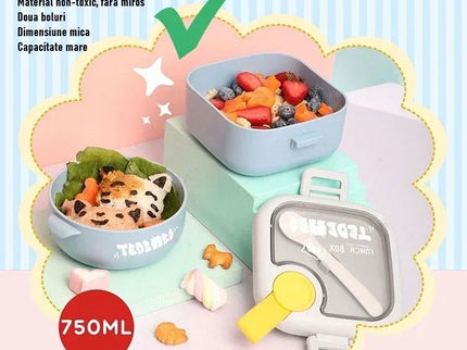 Caserolă pentru copii – Lunch Box 750 ml, cu două boluri, lingură și foarfecă, rezistentă la scurgeri - Bebeboo - Totul pentru copii. Jucării, Hăinuțe, Perne, Mobilier, Textile