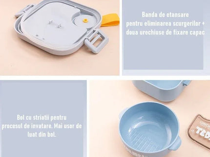 Caserolă pentru copii – Lunch Box 750 ml, cu două boluri, lingură și foarfecă, rezistentă la scurgeri - Bebeboo - Totul pentru copii. Jucării, Hăinuțe, Perne, Mobilier, Textile
