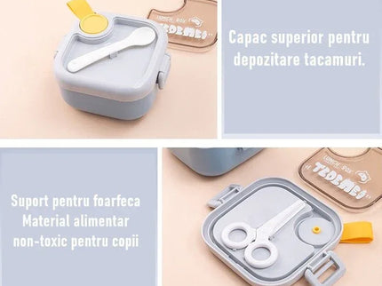 Caserolă pentru copii – Lunch Box 750 ml, cu două boluri, lingură și foarfecă, rezistentă la scurgeri - Bebeboo - Totul pentru copii. Jucării, Hăinuțe, Perne, Mobilier, Textile