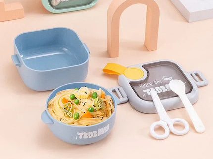 Caserolă pentru copii – Lunch Box 750 ml, cu două boluri, lingură și foarfecă, rezistentă la scurgeri - Bebeboo - Totul pentru copii. Jucării, Hăinuțe, Perne, Mobilier, Textile