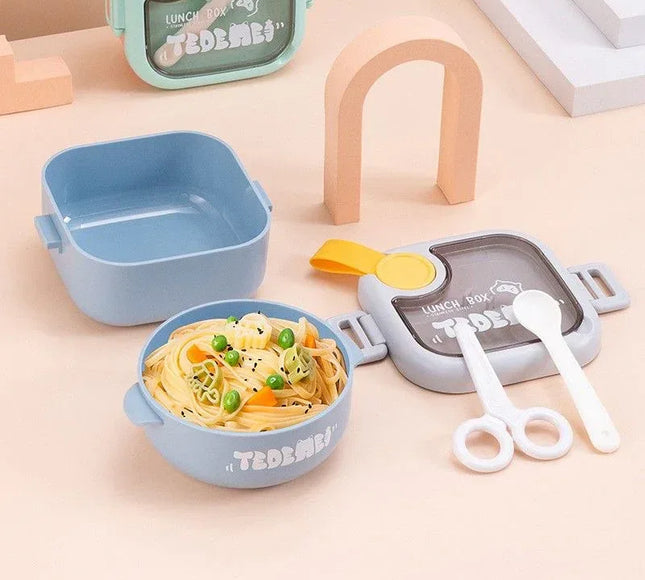 Caserolă pentru copii – Lunch Box 750 ml, cu două boluri, lingură și foarfecă, rezistentă la scurgeri - Bebeboo - Totul pentru copii. Jucării, Hăinuțe, Perne, Mobilier, Textile