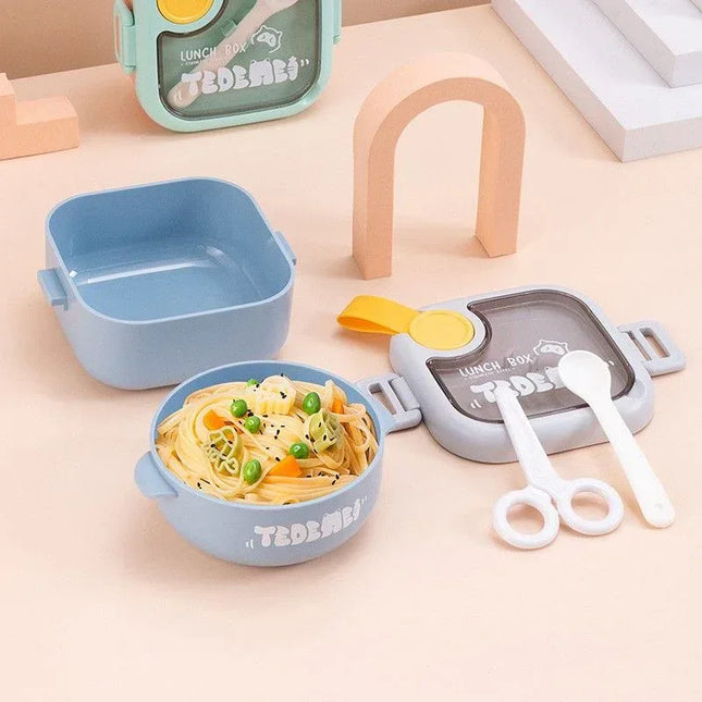 Caserolă pentru copii – Lunch Box 750 ml, cu două boluri, lingură și foarfecă, rezistentă la scurgeri - Bebeboo - Totul pentru copii. Jucării, Hăinuțe, Perne, Mobilier, Textile