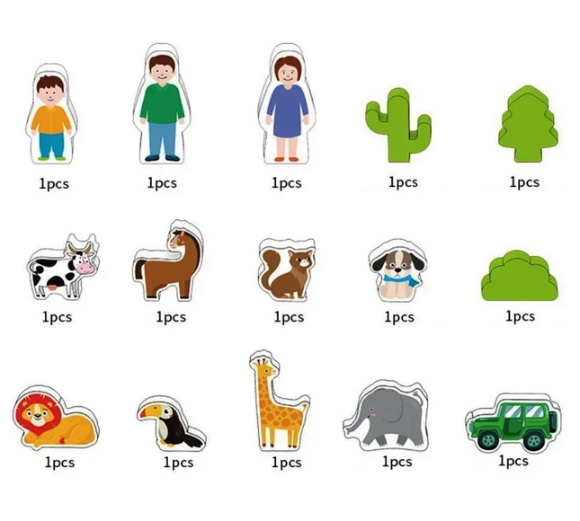 Set Montessori – Blocuri de Construcție din Lemn, 122 Piese cu Animale și Figuri - Bebeboo - Totul pentru copii. Jucării, Hăinuțe, Perne, Mobilier, Textile