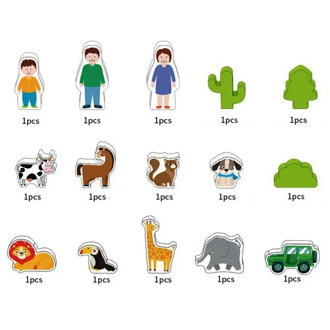 Set Montessori – Blocuri de Construcție din Lemn, 122 Piese cu Animale și Figuri - Bebeboo - Totul pentru copii. Jucării, Hăinuțe, Perne, Mobilier, Textile