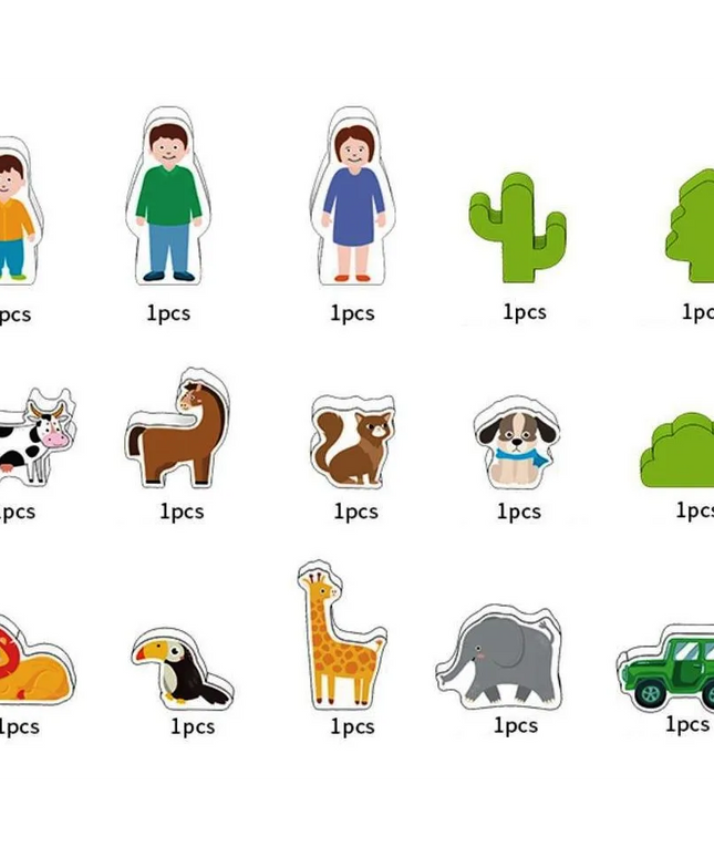 Set Montessori – Blocuri de Construcție din Lemn, 122 Piese cu Animale și Figuri