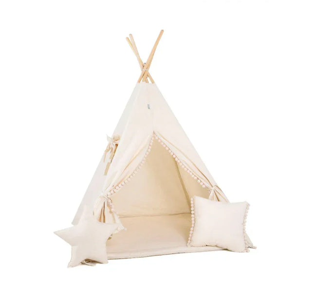 Cort teepee pentru copii Cream Cloud + două perne, 110 cm x 110 cm - Bebeboo - Totul pentru copii. Jucării, Hăinuțe, Perne, Mobilier, Textile