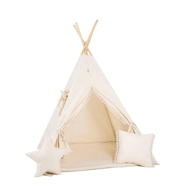 Cort teepee pentru copii Cream Cloud + două perne, 110 cm x 110 cm - Bebeboo - Totul pentru copii. Jucării, Hăinuțe, Perne, Mobilier, Textile